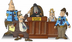 Comical courtroom scene cartoon