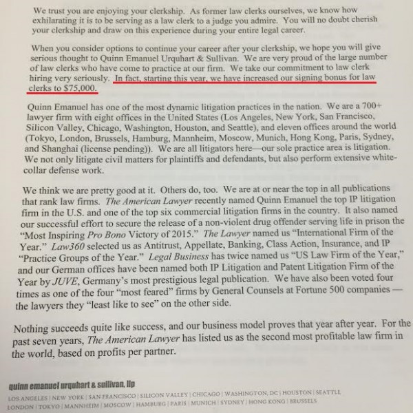 Quinn Emanuel clerkship bonus letter 75k