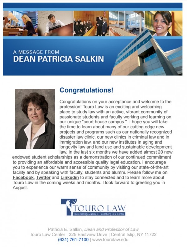 Touro Law Dean Salkin Congratulations NYE Acceptance Email