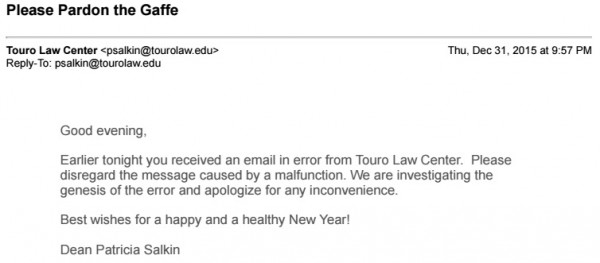 Touro Law Dean Salkin Please Pardon the Gaffe Acceptance Rescind NYE Email