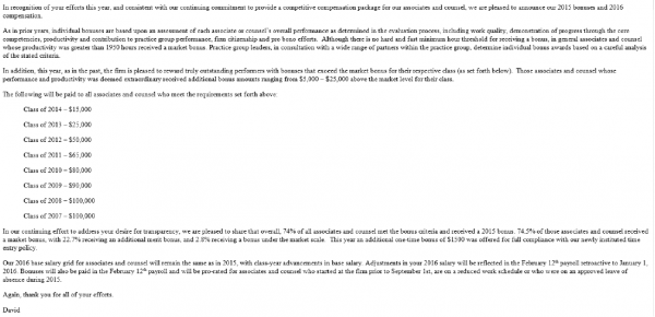 Akin Gump Strauss Hauer & Feld LLP bonus memo 2015