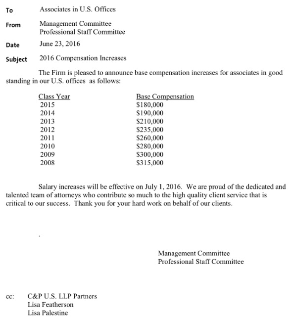 Chadbourne Parke salary increase memo