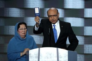 Khizr Khan, pictured with his wife, addresses the DNC. (Photo by Alex Wong/Getty Images)