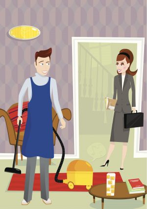 House husband cleaning home with vacuum