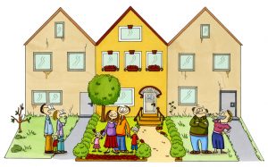 Cartoon drawing of a family and their beautiful home