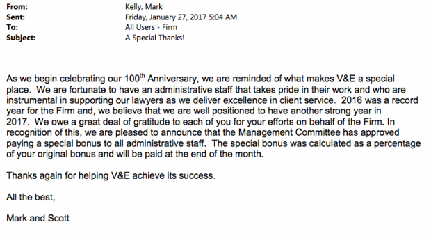 Vinson Elkins 2016 staff bonus memo