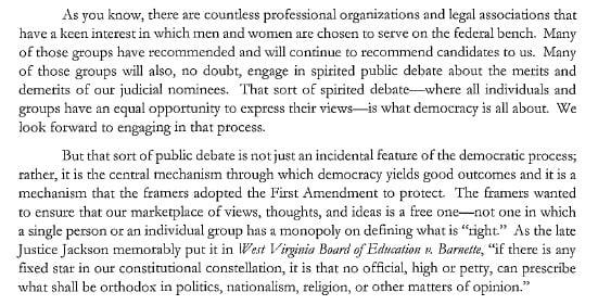 Don McGahn letter to Linda Klein excerpt