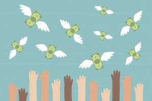 Financial conceptual illustration. Raised hands trying to catch flying money / flat editable vector illustration, clip art