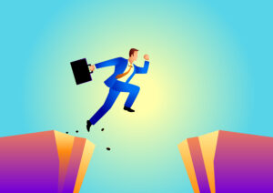 lateral move Businessman jumps over the ravine