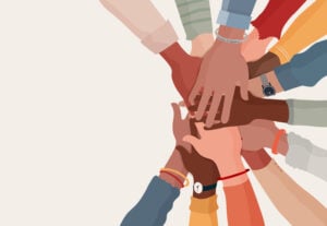 Group hands on top of each other of diverse multi-ethnic and multicultural people.Diversity people. Concept of teamwork community and cooperation.Diverse culture.Racial equality.Oneness