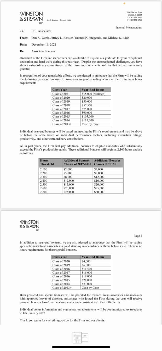 Winston Strawn 2021 Bonus Memo