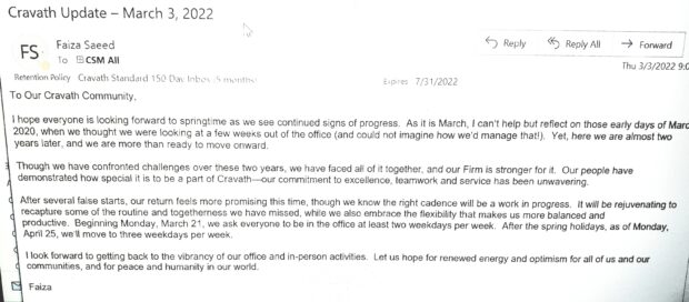 Cravath RTO Memo 2022