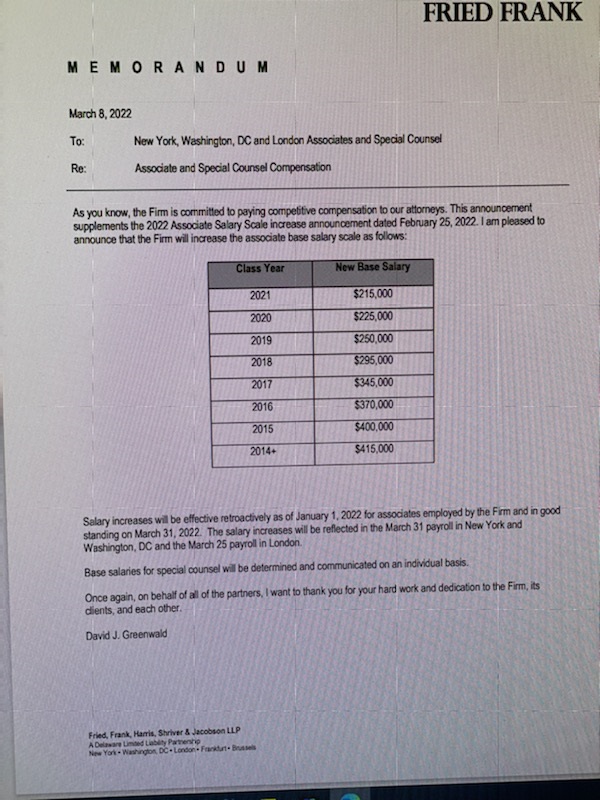 Fried Frank Cravath Raise Memo 2022