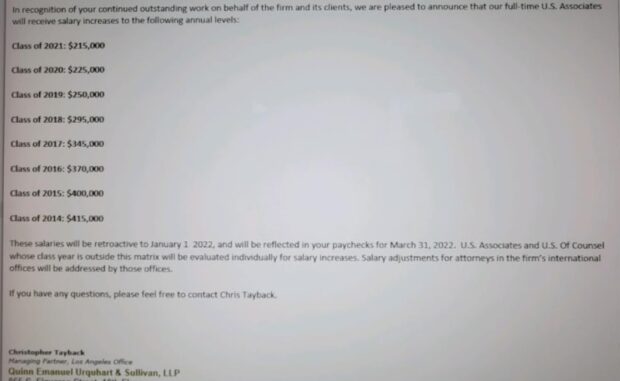 Quinn Emanuel Raise Memo 2022