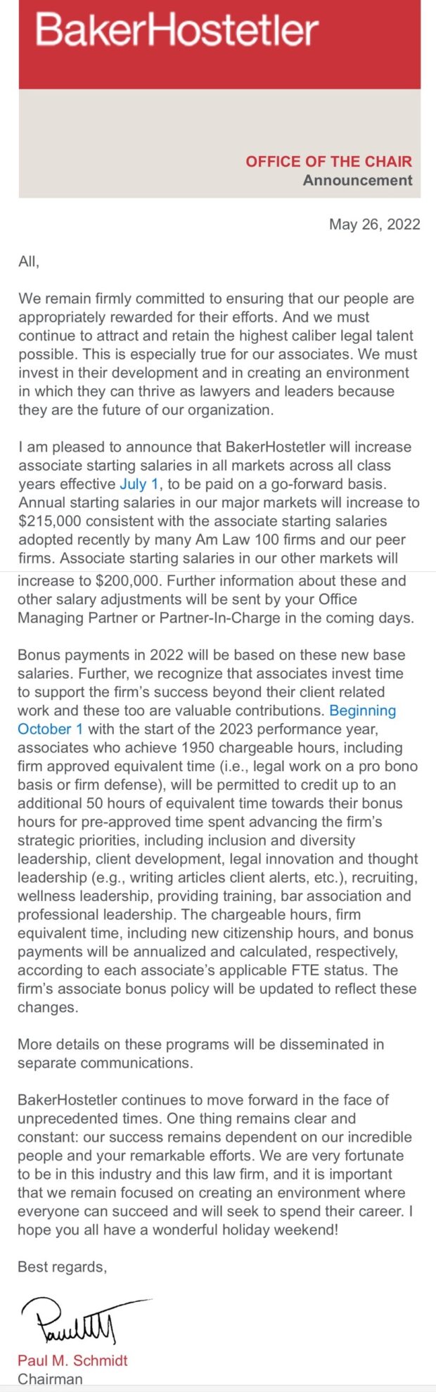 Baker Hostetler Raise Memo 2022