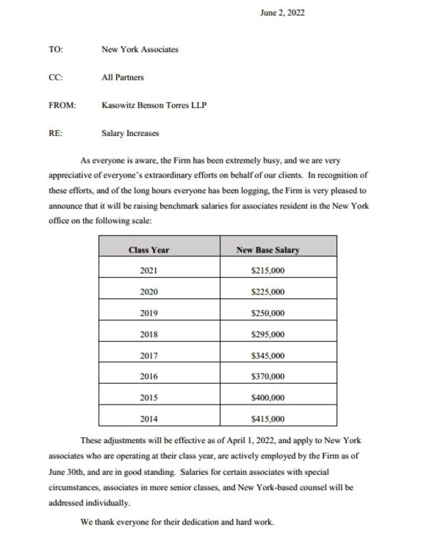 Kasowitz 2022 Raise Memo