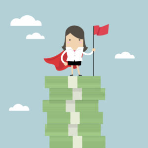 Businesswoman with winners flag standing on money stairs.