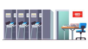 Modern voting station room interior with automated secure electronic balloting machines in booths. Flat style isolated vector