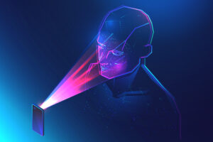 Face recognition technology. Man using smartphone for biometric facial identification. Abstract digital world with neon lines. Vector illustration