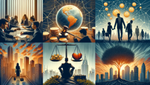 DALL&middot;E 2023-12-01 07.10.45 &ndash; Collage representing &lsquo;Maximizing Career Potential Through Pro Bono Work for Lawyers&rsquo;, excluding words and specific currency symbols_ 1) A lawyer in a