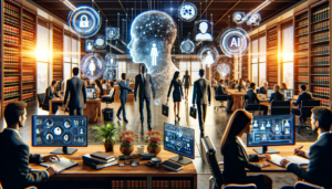 DALL&middot;E 2023-12-14 09.58.28 &ndash; An image depicting a diverse group of male and female legal professionals working in a modern law office setting, symbolizing the innovation in legal