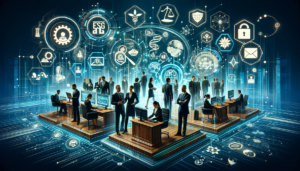 DALL·E 2023-12-21 11.14.33 – A professional and modern representation of the legal industry in 2024, showcasing the integration of technology and innovation. The image should feat