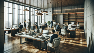 DALL&middot;E 2023-12-28 12.01.14 &ndash; A sophisticated law office for 2024, with an organized and tranquil setting. The office includes a few diverse lawyers in professional attire, working