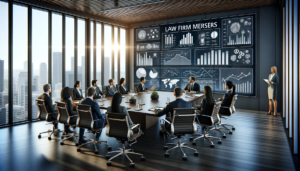 DALL·E 2024-01-04 14.47.26 – A modern, professional conference room with several business professionals actively engaged in a meeting, discussing law firm mergers and market trend
