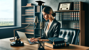 DALL·E 2024-01-18 15.55.17 – A professional and sophisticated office setting with a female lawyer actively working at her desk, representing a successful transition from governmen