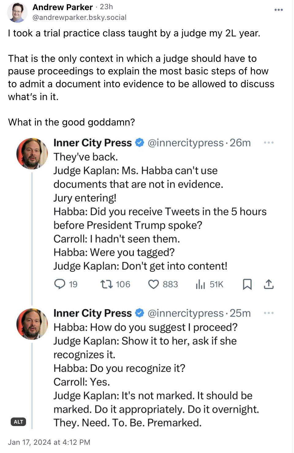 I took a trial practice class taught by a judge my 2L year.That is the only context in which a judge should have to pause proceedings to explain the most basic steps of how to admit a document into evidence to be allowed to discuss what’s in it. What in the good goddamn?