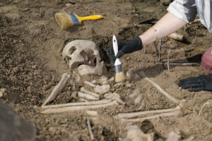 Archaeologist excavating skeleton