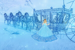 Beautiful princess in blue long dress on the luminous blue carriage background. Art processing