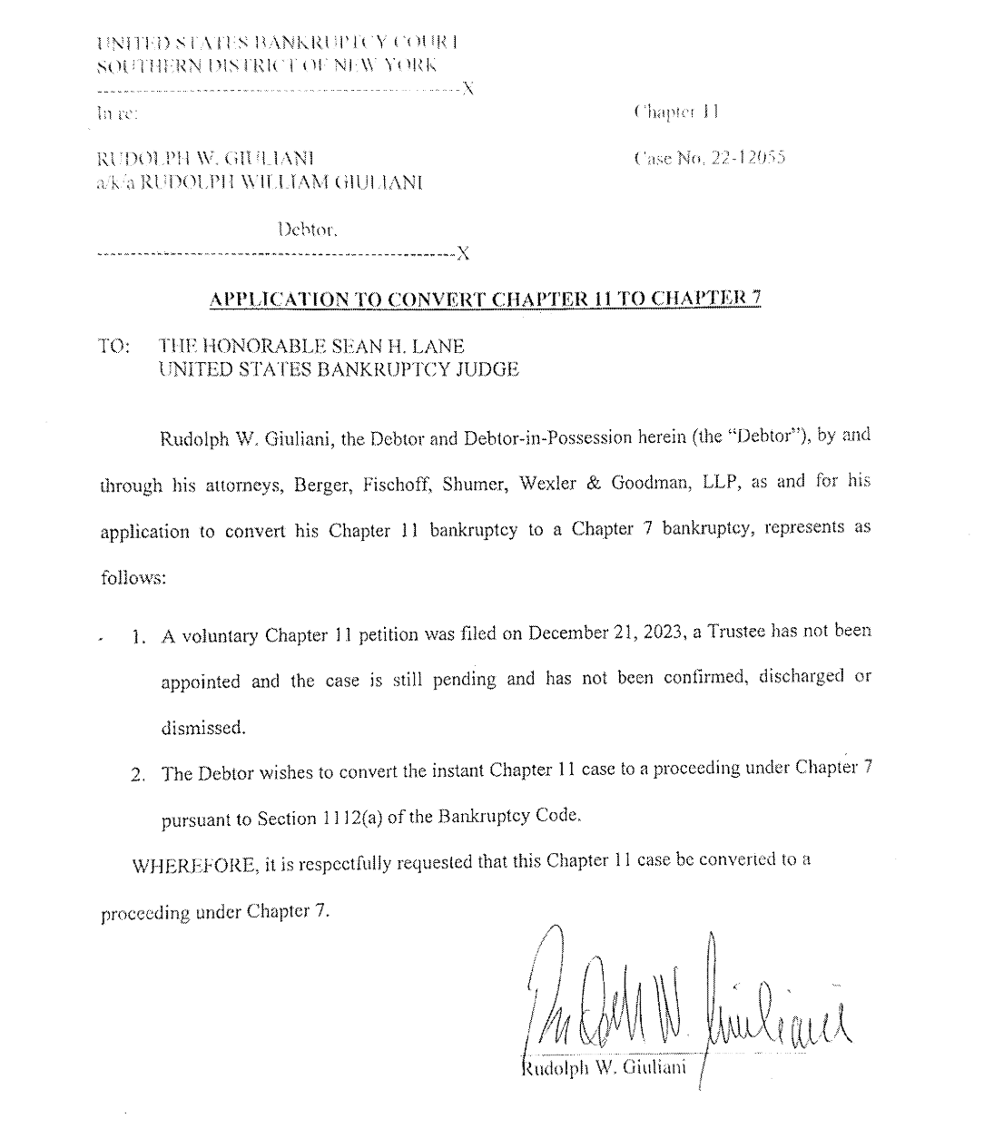 Giuliani motion to convert from Chapter 11 to Chapter 7 bankruptcy. 
