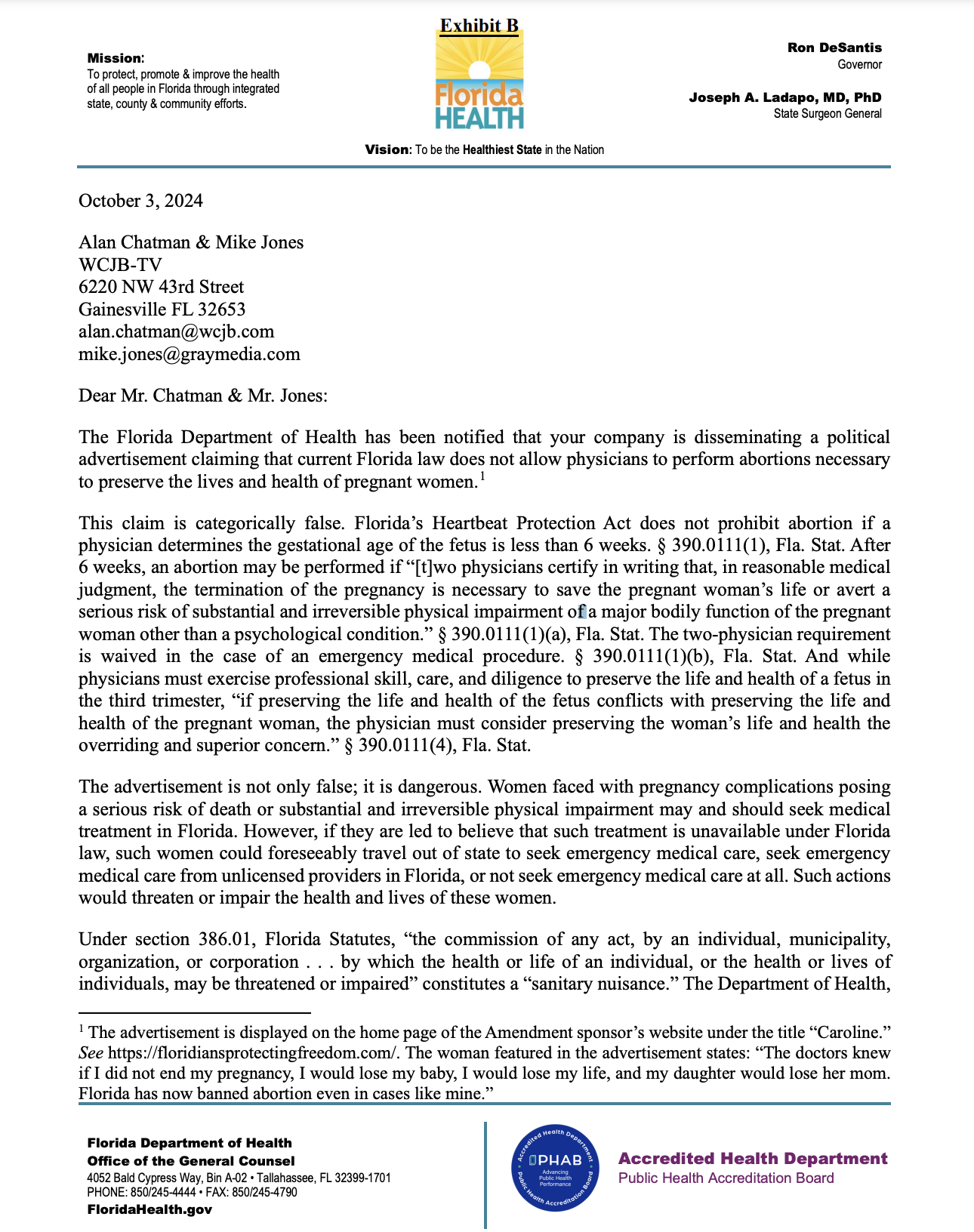 Screenshot of C&D letter from Florida Health Dept threatening TV stations with criminal prosecution if they don't pull an ad opposing the abortion referendum.